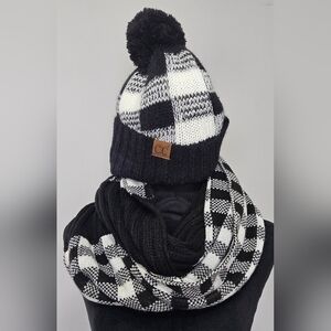 Buffalo Plaid Black & White Winter Beanie Hat w/ Pom Pom & Infinity Scarf Set
